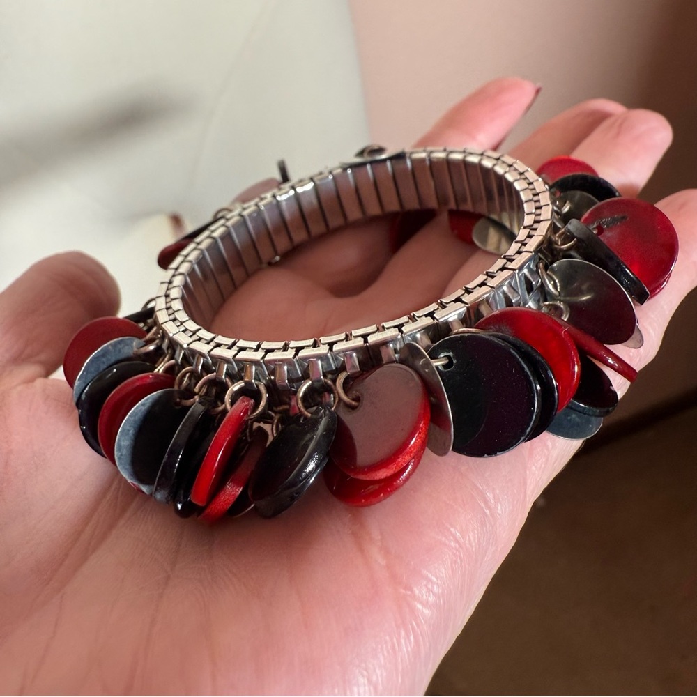 Vintage 1950’s Silver Stretch black red shell disc Cha Cha Charm Bracelet